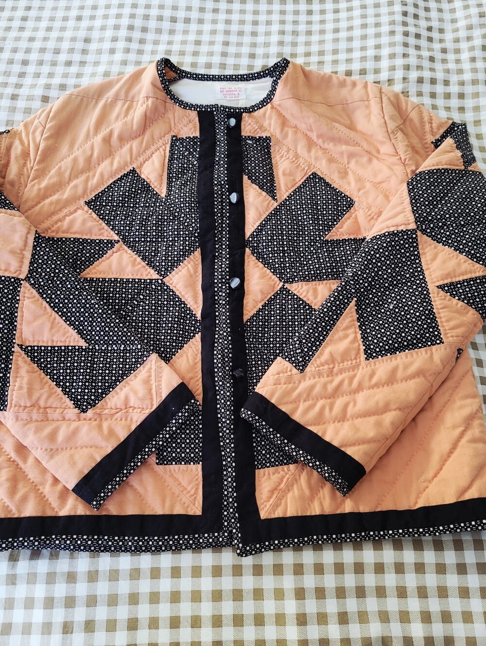 Peach Quilted Patchwork Button Up Jacket with Black Polka Dot Accents